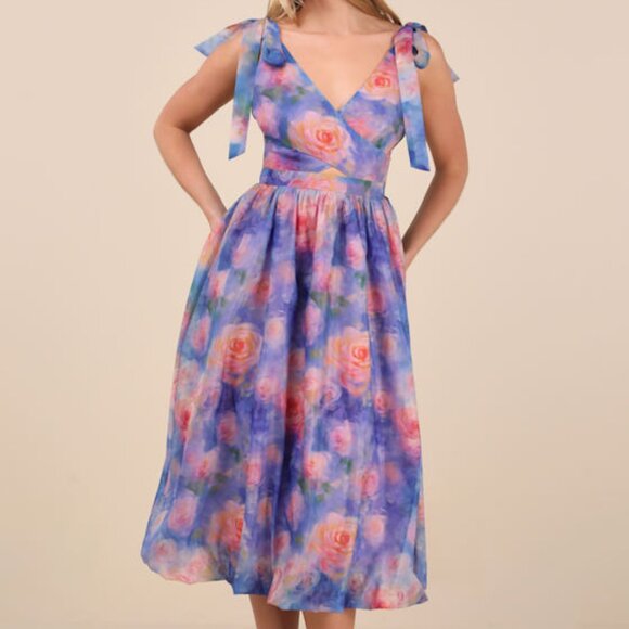 Lulus Flowering Day Dream Purple Floral Organza Midi Bubble Dress - Size L - Picture 1 of 1